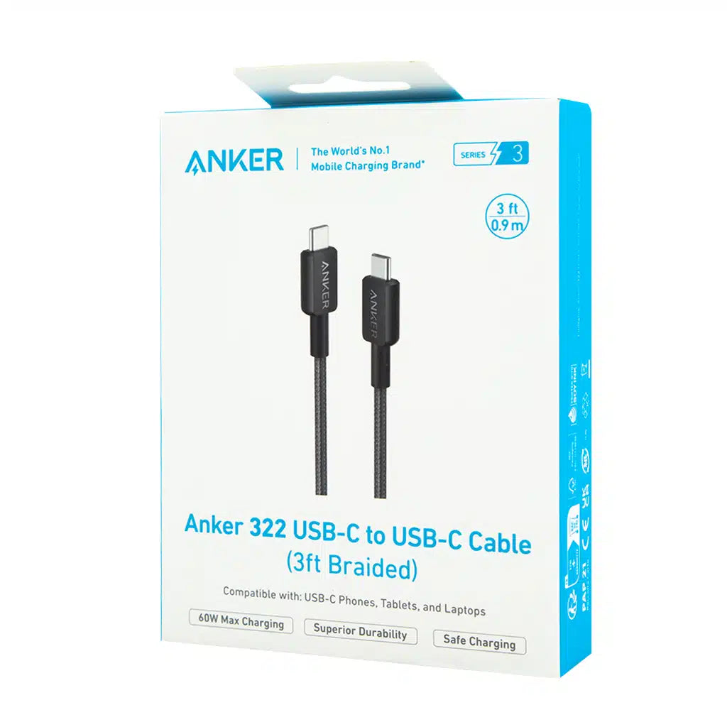 Anker 322 USB-C to USB-C 3ft Braided Cable A81F5H11 - Black Anker 322 USB-C to USB-C 3ft Braided Cable A81F5H11 - Black